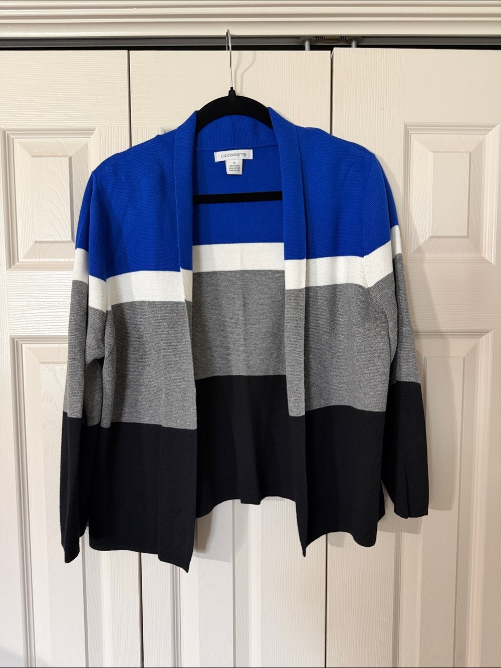 Liz Claiborne Royal Blue Gray Black and White Open-Front Cardigan